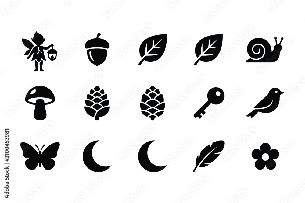 Fototapeta premium Black silhouettes of various nature icons.