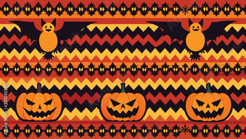 Seamless halloween pattern with carved pumpkins and bats jack o lantern zig zag halloween seamless background wallpaper decorative repeating seasonal illustration wrapping celebration