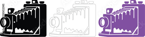 Retro folding camera vector set in black outline and purple silhouette
