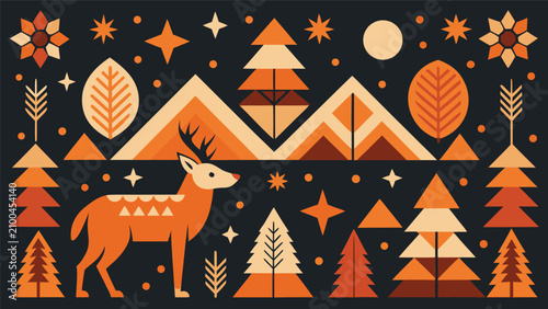 Geometric forest scene with deer and mountains mountain geometric landscape wildlife illustration minimalist scandinavian wallpaper background wilderness seasonal creative abstract