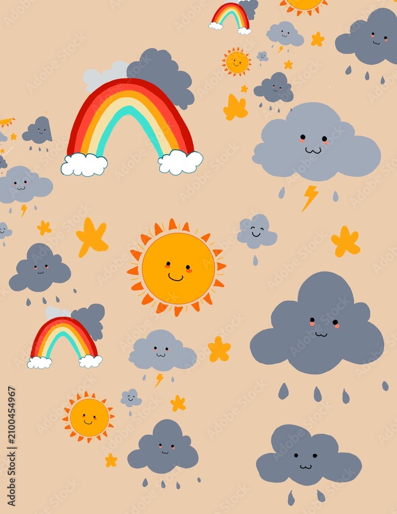 Naklejka premium Cute Cartoon Sun, Cloud and Rainbow Seamless Pattern for Kids