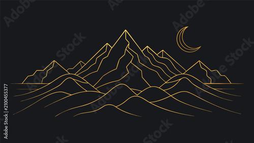 Fotografi Minimalist golden line art mountains with crescent moon night scene mountains mo
