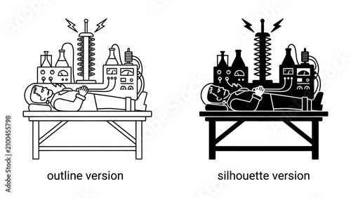 Fotografie Mad Scientist's Experiment: An illustration of a scientist's morbid experiment, depicting a person on a table connected to complex machinery with electrical currents