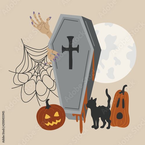 Hand-drawn Halloween illustration, Jack-o-lantern pumpkin face, spider web, moon, grave with zombie hand, black cat composition