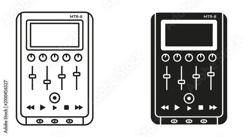 Fotografie Mixing Console Duo: A side-by-side depiction of a music mixing console, presented in both outline and silhouette styles
