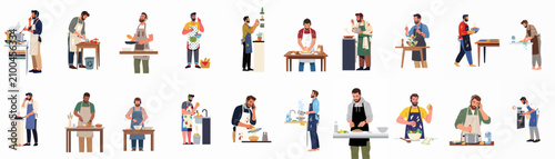 Large Illustration Set of Diverse Men Cooking, Preparing Meals, and Multitasking in the Kitchen while Wearing Aprons and Handling Various Culinary Tasks.