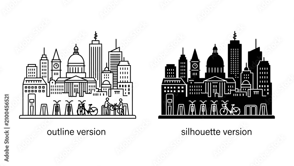 Fototapeta premium Cityscape Line Art and Silhouette: A stylized depiction of an urban skyline, showcasing architectural diversity in both a detailed outline and a bold silhouette.