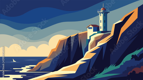 Photos Stylized graphic illustration of a solitary lighthouse on a cliff edge above a c