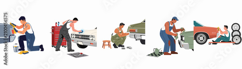 фотографія Set of flat vector illustrations showing mechanics and car enthusiasts cleaning, detailing, and repairing classic vintage cars in an auto workshop