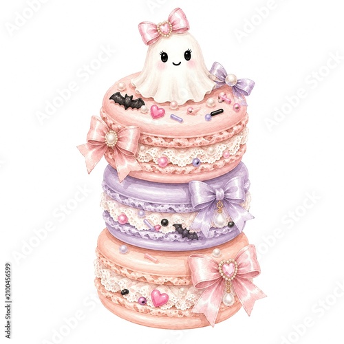 A whimsical stack of macaron pastries with a cute ghost design, perfect for Halloween and festive celebrations.