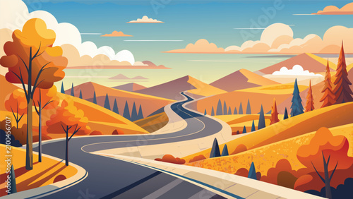 Stylized autumn landscape illustration featuring a winding asphalt road through golden hills and forest landscape mountains illustration environment traveling countryside sunlight destination