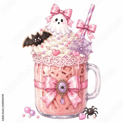 A whimsical Halloween-themed milkshake adorned with cute decorations and spooky elements, perfect for festive indulgence.