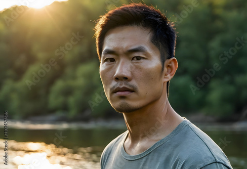 Serious asian man with short hair and stubble beard looking directly at camera outdoors at sunset, He is outdoors at sunset with golden sunlight backlighting his head and shoulders