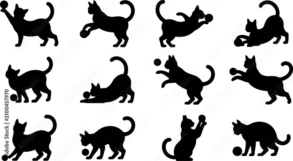 Obraz premium Set of cat silhouettes playing with balls in various poses