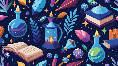 Bild auf Leinwand Seamless pattern of magic potion bottles and spell books with witchcraft seamles