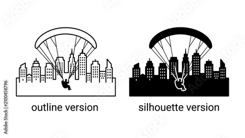 Bild auf Leinwand Paraglider over Cityscape: A paraglider gracefully soars above a modern cityscape, depicted in both an outline and silhouette version, symbolizing adventure and urban exploration