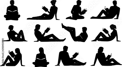 Fotografie Set of people sitting and reading books in various positions and sitting styles