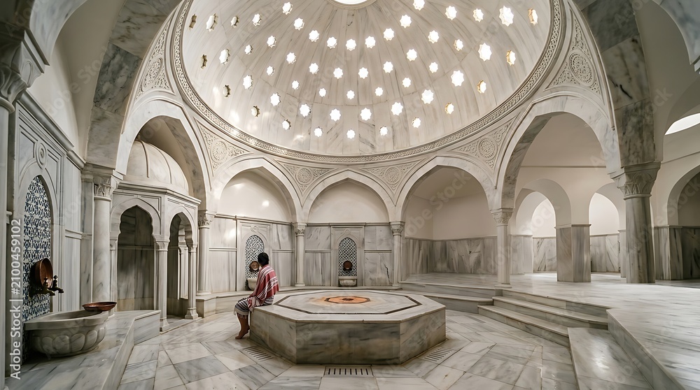 Fototapeta premium Interior of a traditional white marble turkish hammam with dome