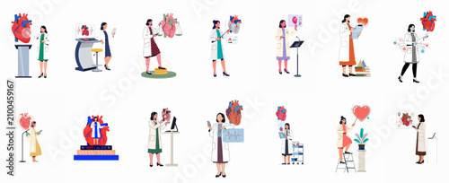 Konstfotografi Vector illustrations of female cardiologists and medical researchers examining and studying the human heart with advanced technology and digital tools