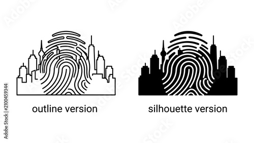 Foto Cityscape Identity: A conceptual graphic depicting a cityscape silhouette integrated within a fingerprint, representing urban identity and individual uniqueness