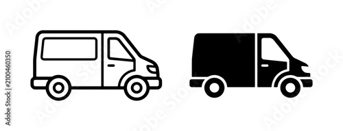 Delivery Van Icons, Cargo Vehicle Line Art and Silhouette, Logistics Transport Symbols