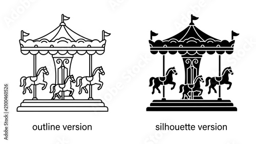 Carousel Horse Illustrations: Two stylized illustrations of a carousel, one as an outline and the other as a silhouette, showcase the classic amusement park ride with its elegant horses.
