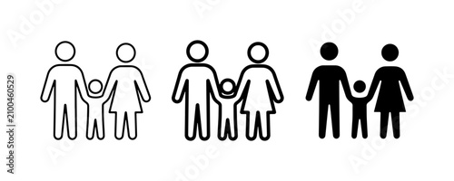 Family Icons Set: Parents and Child Silhouettes, Simple Line Art and Solid Fill Graphics for Lifestyle and Community Concepts