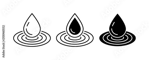 Water Drop Icons, Liquid Splash Symbols, Fluid Ripple Graphics, Set of 3 Vector Illustrations