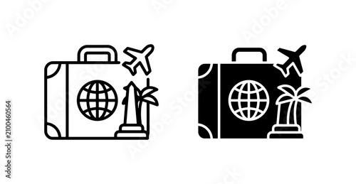 Travel Icons: Luggage, Globe, Airplane, Palm Tree, Monument, Vector Set for Tourism and Vacation Planning