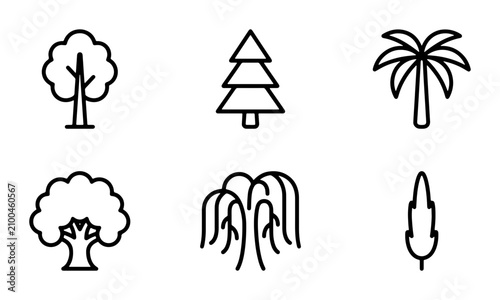 Diverse Tree Icons Set, Nature Elements Collection, Outline Botanical Graphics, Simple Forest Symbols