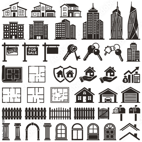 Cuadro en lienzo Real Estate And Property Icon Set With Houses Buildings Architecture Constructio