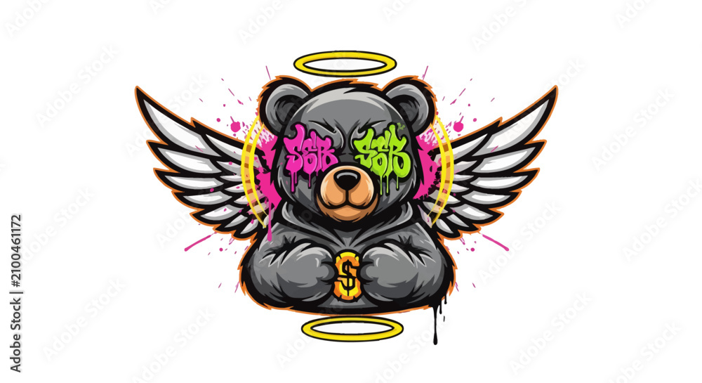Fototapeta premium Graffiti bear with wings and halo isolated on transparent background, isolated on white background, Vector