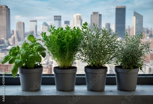 Fresh potted herbs includin...