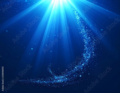 Radiant blue light beams descend, meeting a glittering, flowing particle trail