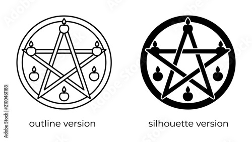 Fotografie Pentagram Symbols: A graphic representation showing both an outline and a silhouette version of a pentagram, a five-pointed star symbol surrounded by a circle with candle-like elements