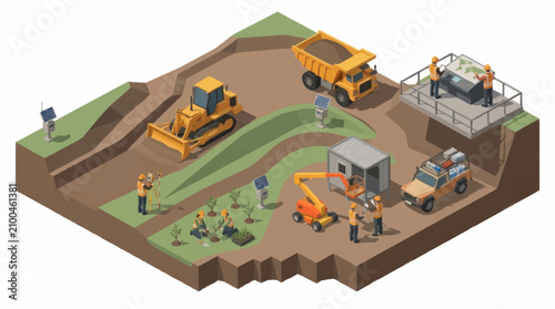 Construction site with heavy machinery and workers in action.
