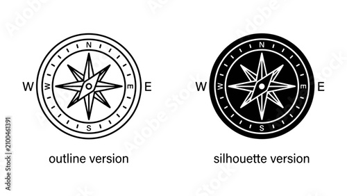Compass Icons: A set of two compass icons, one in an outline version and the other as a silhouette, both displaying the cardinal directions N, S, E, and W with a detailed wind rose in the center.