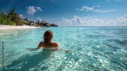 woman relax in beautiful paradise tropical island surrounded by clear turquoise water