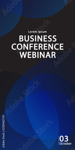 Deep navy blue and black gradient background with glowing petal shapes for webinar. Vertical social media story template featuring abstract organic geometry and business conference poster design.