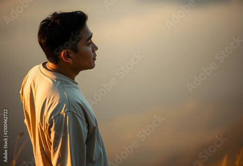 Young asian man looking awa...