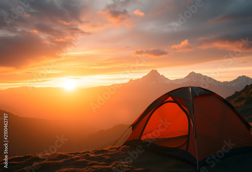 Orange camping tent on a mo...