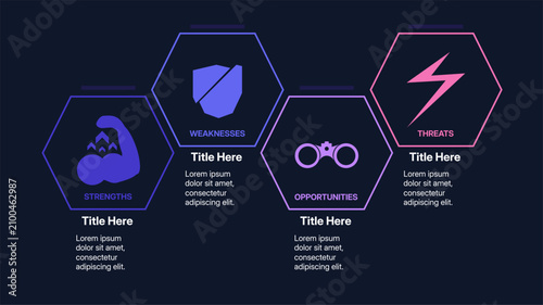 Modern outline tech start up SWOT analysis infographic presentation slide layout, corporate strategic matrix line art chart with thin neon hexagon diagram vector illustration