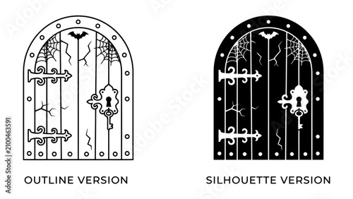 Gothic Door Icons: A set of two stylized gothic door illustrations, one in outline and one in silhouette, featuring intricate details like rusted hinges, a keyhole, cobwebs, and a bat.