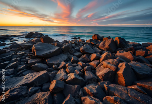 Rocky ocean coastline at su...