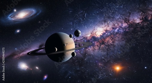 Cosmic space scene with planet and galaxies.