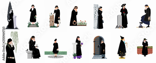 Fotografie Collection of illustrations depicting women in mourning, wearing black funeral attire and grieving in various cemetery and church settings