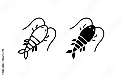 Simple Vector Icons of a Shrimp, Black and White, Seafood Ingredient, Marine Life Illustration
