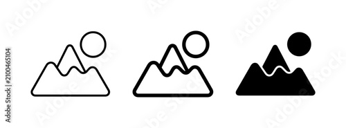 Mountain Landscape Icons Set: Outline, Line Art, Silhouette, Sun, Nature, Outdoor, Travel, Simple Graphics