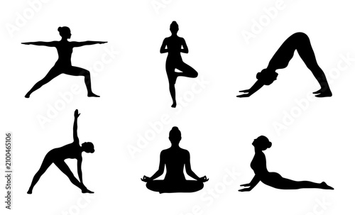 Yoga Poses Silhouettes Collection, Six Diverse Asanas for Wellness and Fitness Graphics, Vector Art for Health and Meditation