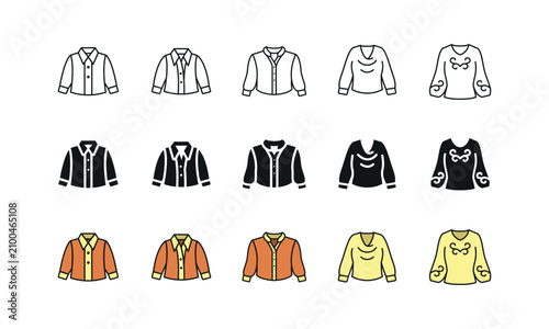 Blouse Button Up Classic Cowl Neck Embroidered Icon Set Line Glyph Filled Outline